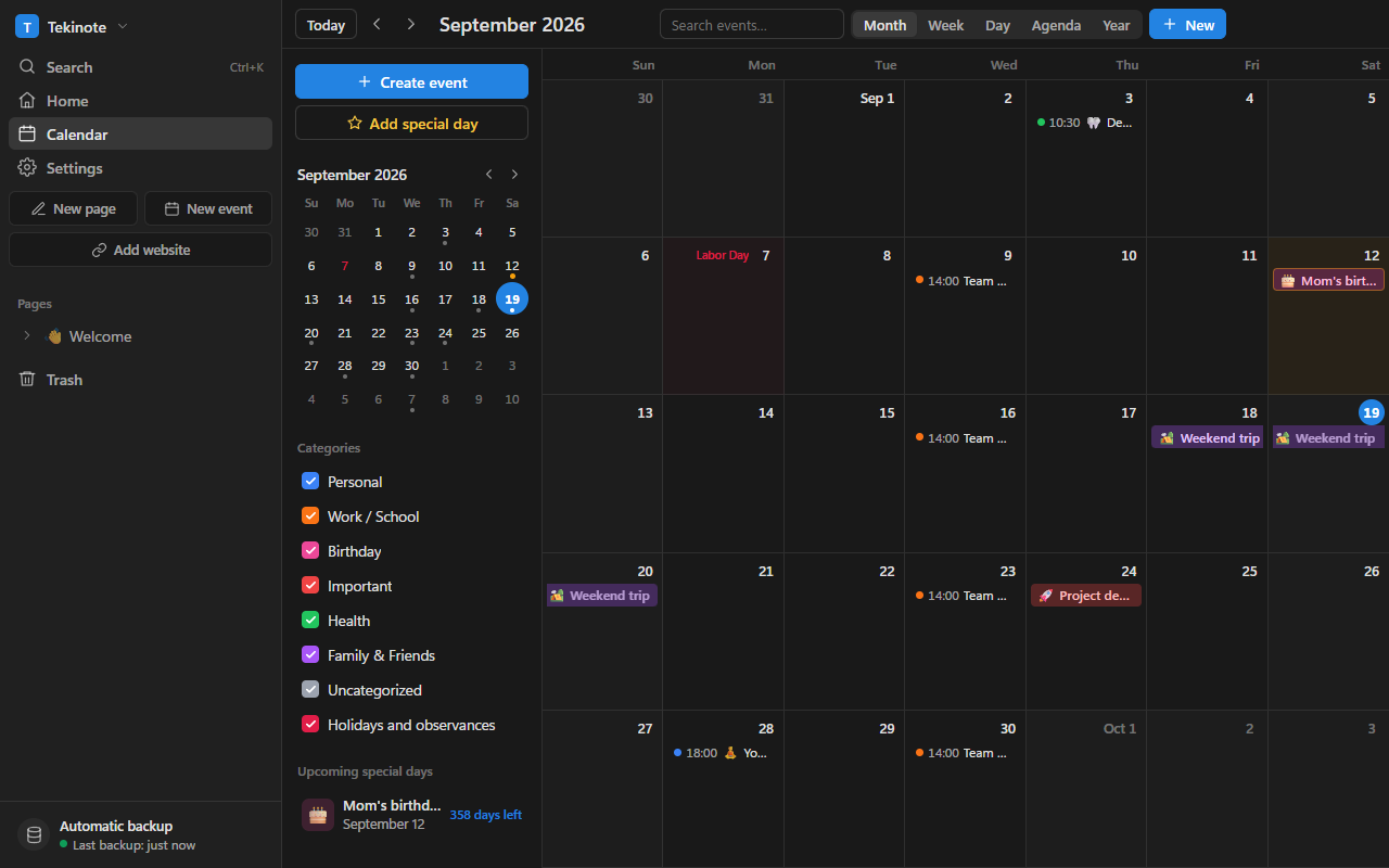 Calendar view in Tekinote